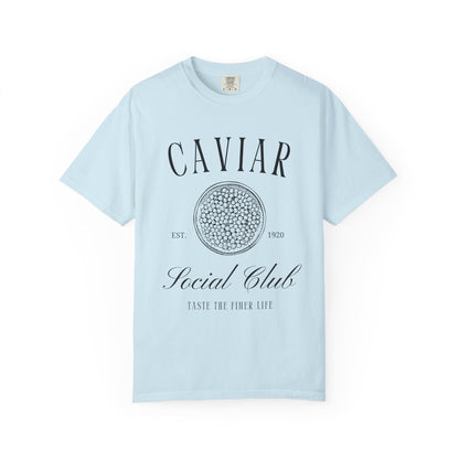 T-shirt with vintage caviar social club logo featuring caviar tin graphic and elegant typography