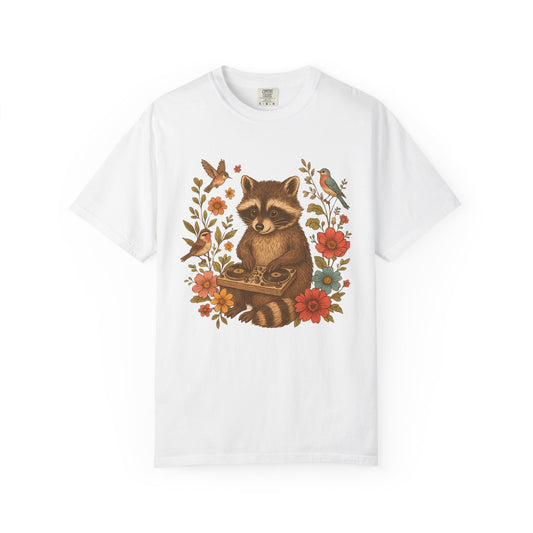 T-shirt with vintage raccoon DJ design surrounded by coral flowers, yellow blooms, and songbirds
