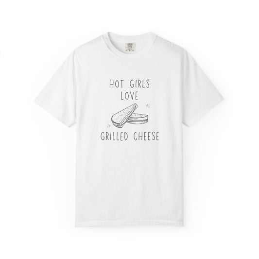 T-shirt with hand-drawn grilled cheese sandwich illustration and text reading Hot Girls Love Grilled Cheese