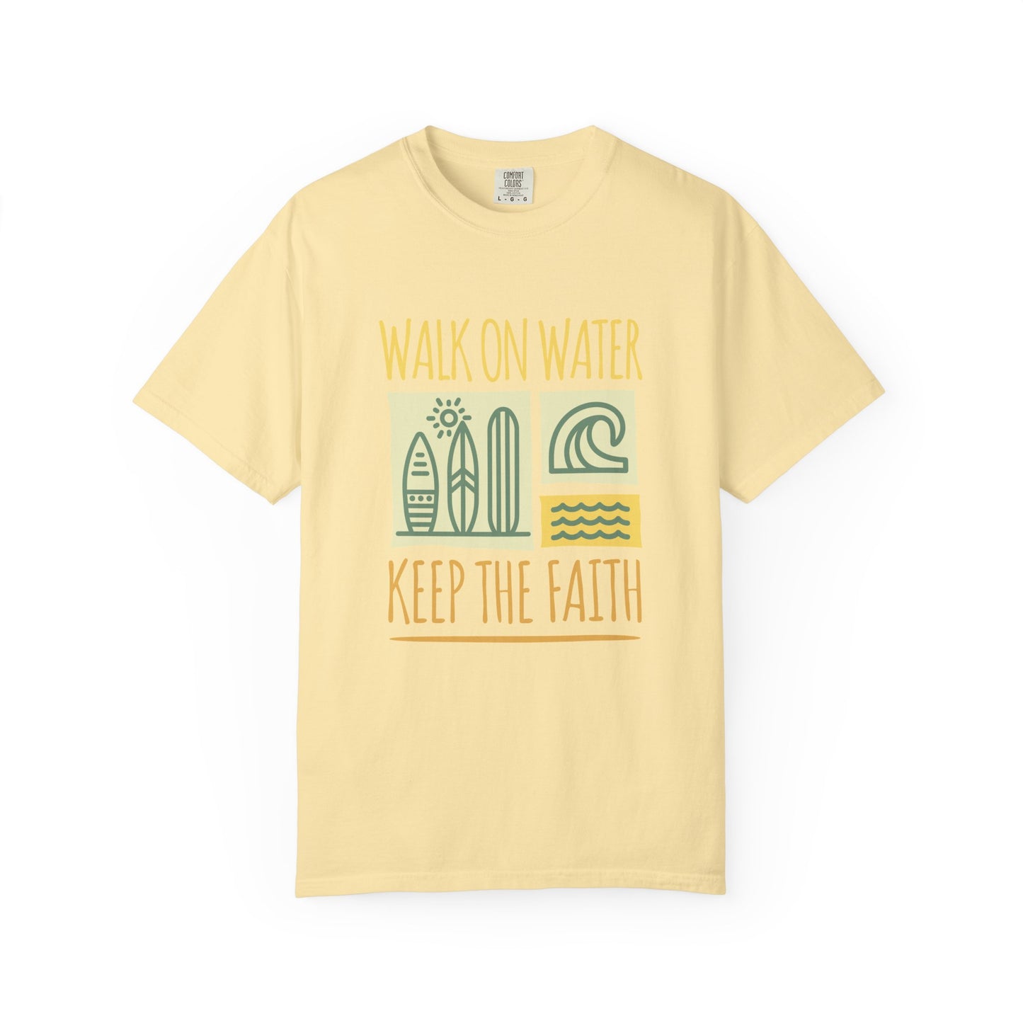 T-shirt with yellow Walk On Water Keep The Faith text, retro surfboard graphics and teal wave designs