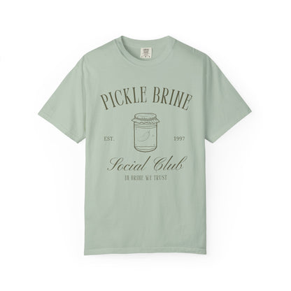 T-shirt with vintage pickle brine social club design featuring mason jar with pickle illustration