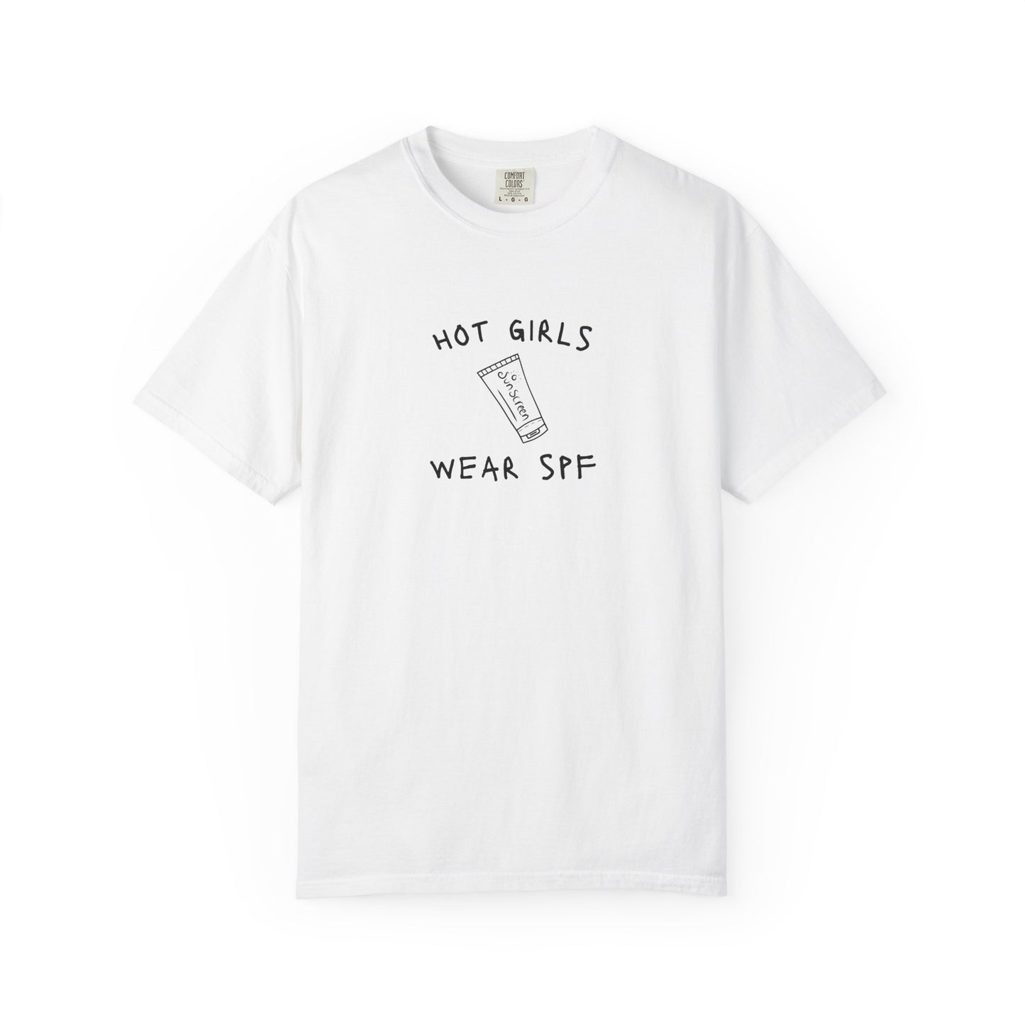 T-shirt with 'Hot Girls Wear SPF' text and sunscreen tube graphic in black minimalist design