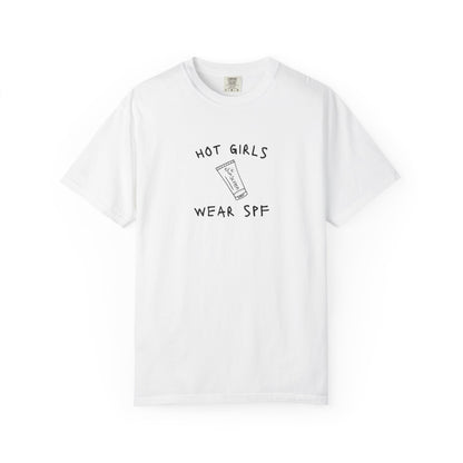 T-shirt with 'Hot Girls Wear SPF' text and sunscreen tube graphic in black minimalist design