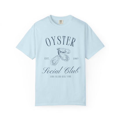 T-shirt with vintage oyster social club design featuring three detailed oyster illustrations