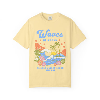 T-shirt with tropical ocean waves, palm trees, hibiscus flowers and 'Waves of Grace' scripture design