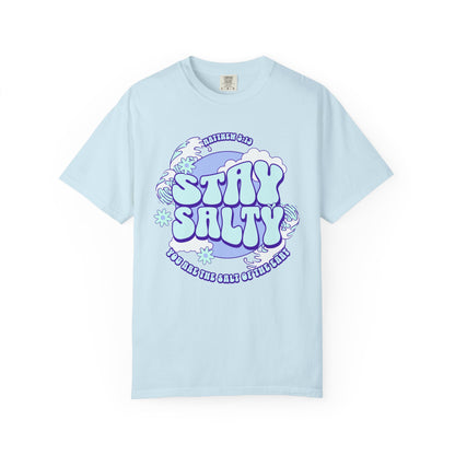 T-shirt with purple and mint green 'Stay Salty' text design featuring Matthew 5:13 scripture and retro styling