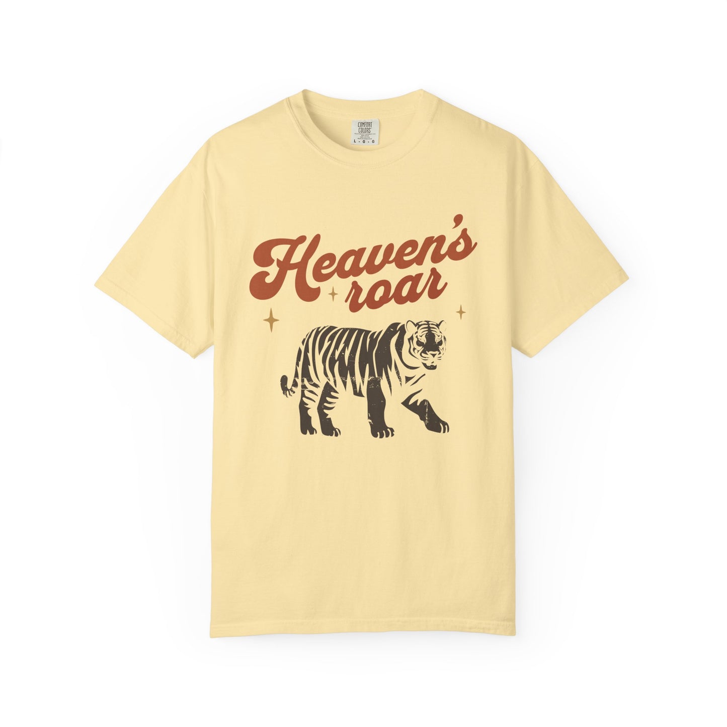Christian t-shirt with Heaven's roar text in orange retro font and tiger graphic with stars