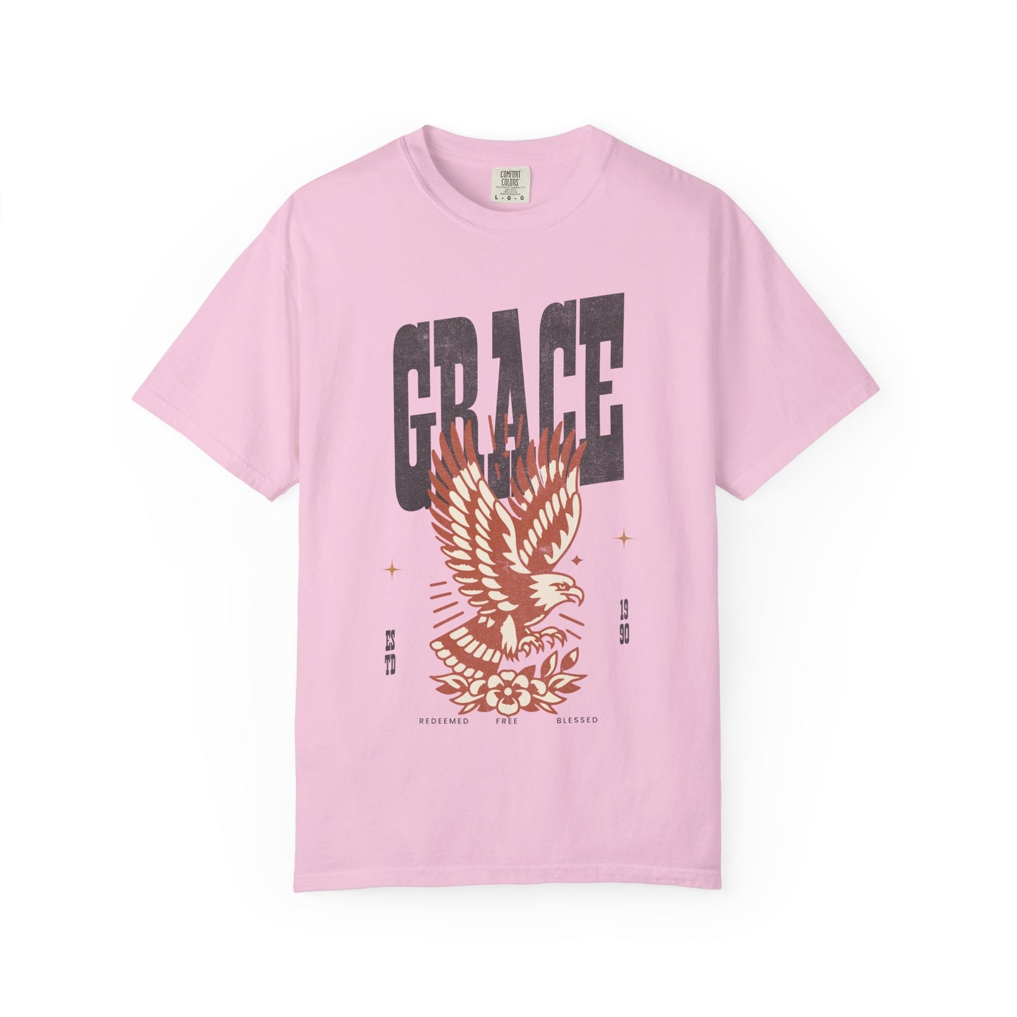 Christian t-shirt with vintage eagle design in orange and cream colors featuring Grace text and decorative elements