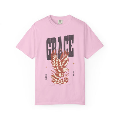 Christian t-shirt with vintage eagle design in orange and cream colors featuring Grace text and decorative elements
