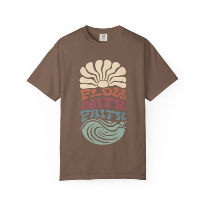 T-shirt with Flow With Faith text in groovy wavy font with retro sunset and wave design