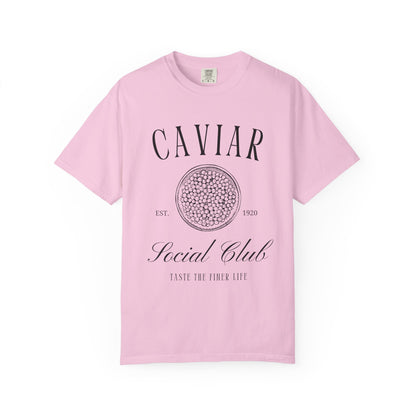 T-shirt with vintage caviar social club logo featuring caviar tin graphic and elegant typography