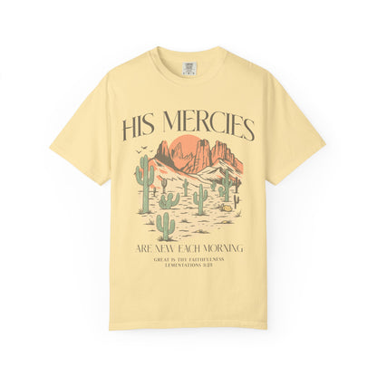T-shirt with desert landscape design featuring cacti, mountains, and 'His Mercies Are New Each Morning' text with Lamentations 3:23 bible verse