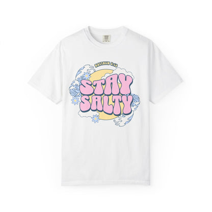 T-shirt with wavy font Stay Salty Matthew 5:13 text in pink bubble letters with ocean waves and flowers
