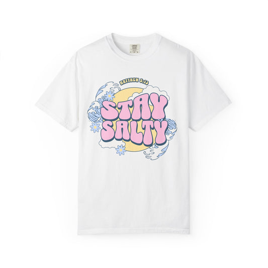 T-shirt with wavy font Stay Salty Matthew 5:13 text in pink bubble letters with ocean waves and flowers