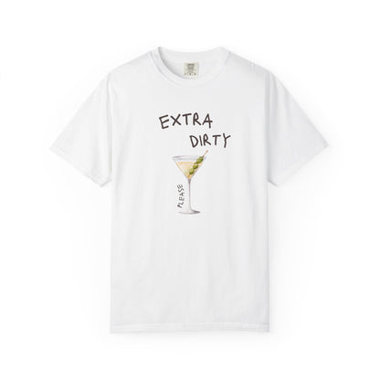 T-shirt design with martini glass filled with clear liquid and three green olives on a pick