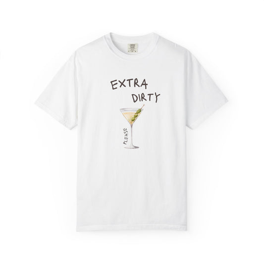 T-shirt design with martini glass filled with clear liquid and three green olives on a pick