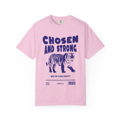 Christian t-shirt with tiger graphic and 'Chosen and Strong' text featuring Romans 8:31 verse