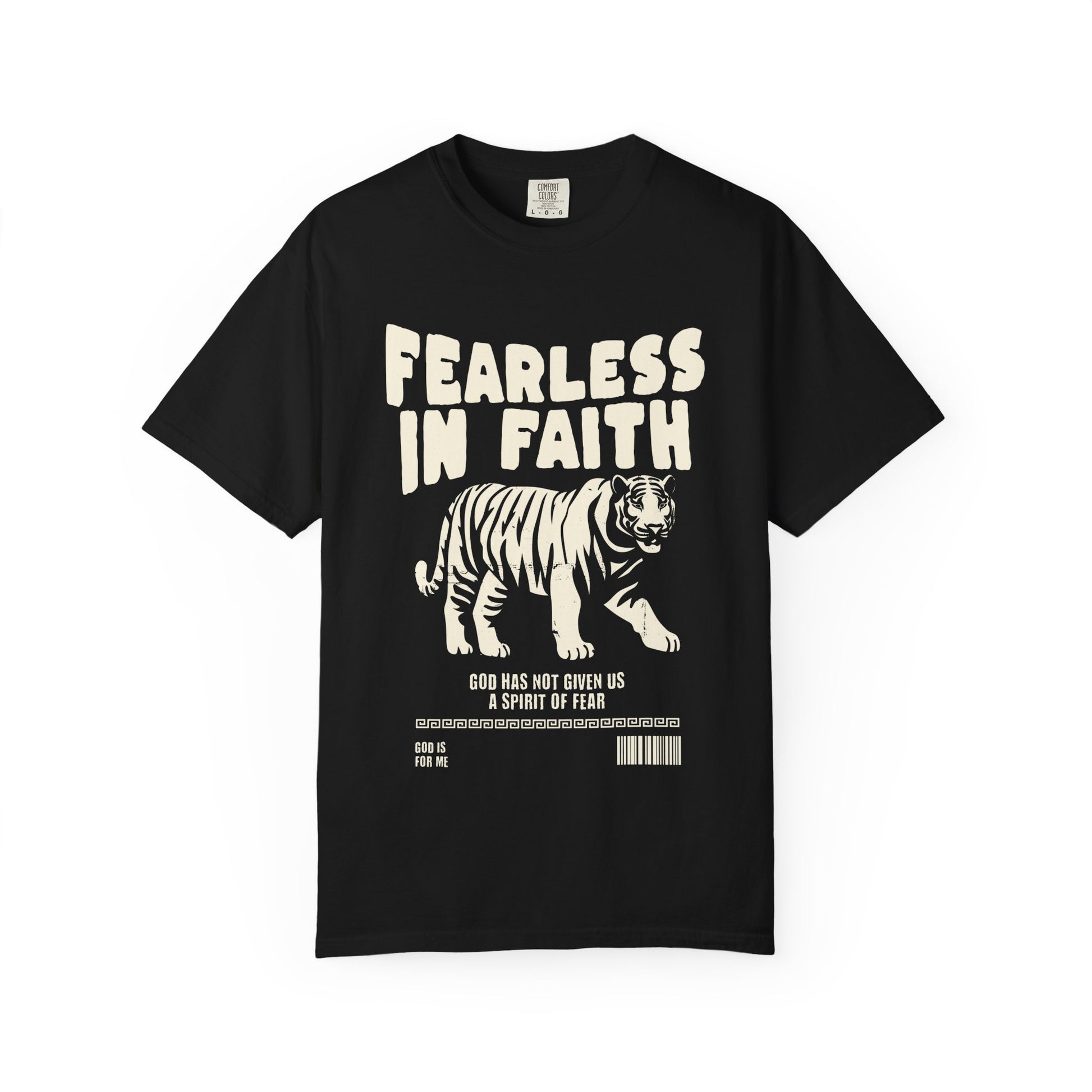 A t-shirt featuring 'Fearless In Faith' text design in elegant cream colored typography