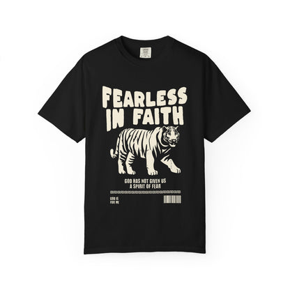 A t-shirt featuring 'Fearless In Faith' text design in elegant cream colored typography