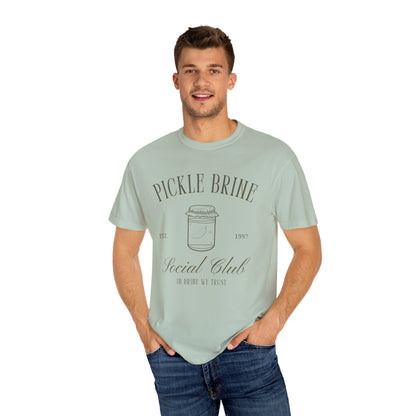 T-shirt with vintage pickle brine social club design featuring mason jar with pickle illustration