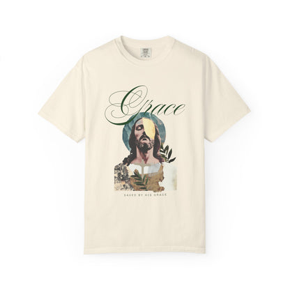 Christian t-shirt featuring artistic Jesus portrait with Grace text and cross design in vintage style