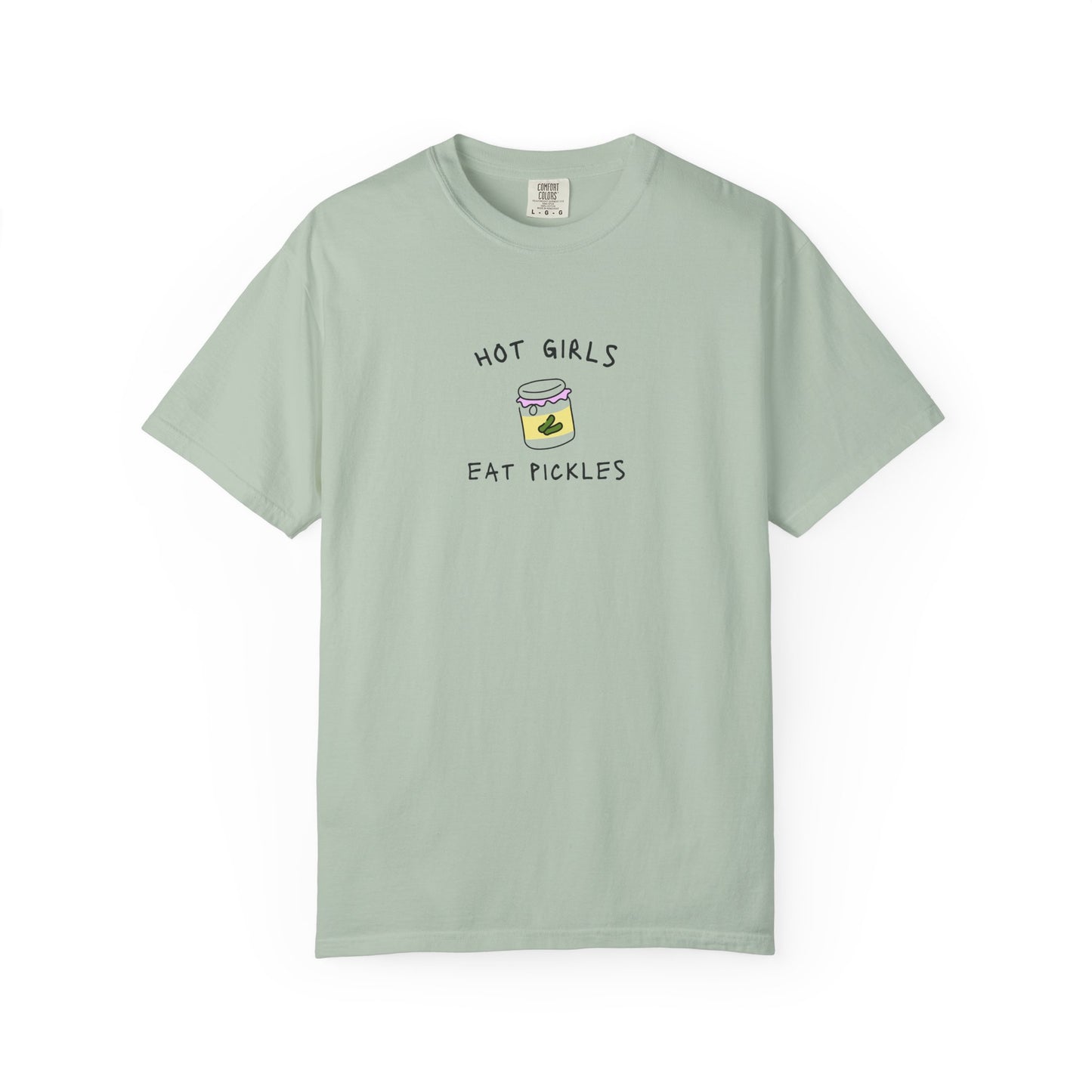 T-shirt with 'Hot Girls Eat Pickles' text and cute pickle jar illustration in pink and yellow