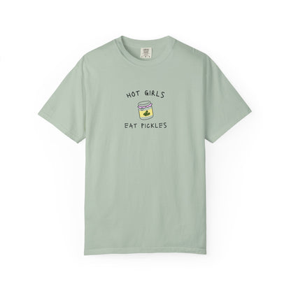 T-shirt with 'Hot Girls Eat Pickles' text and cute pickle jar illustration in pink and yellow