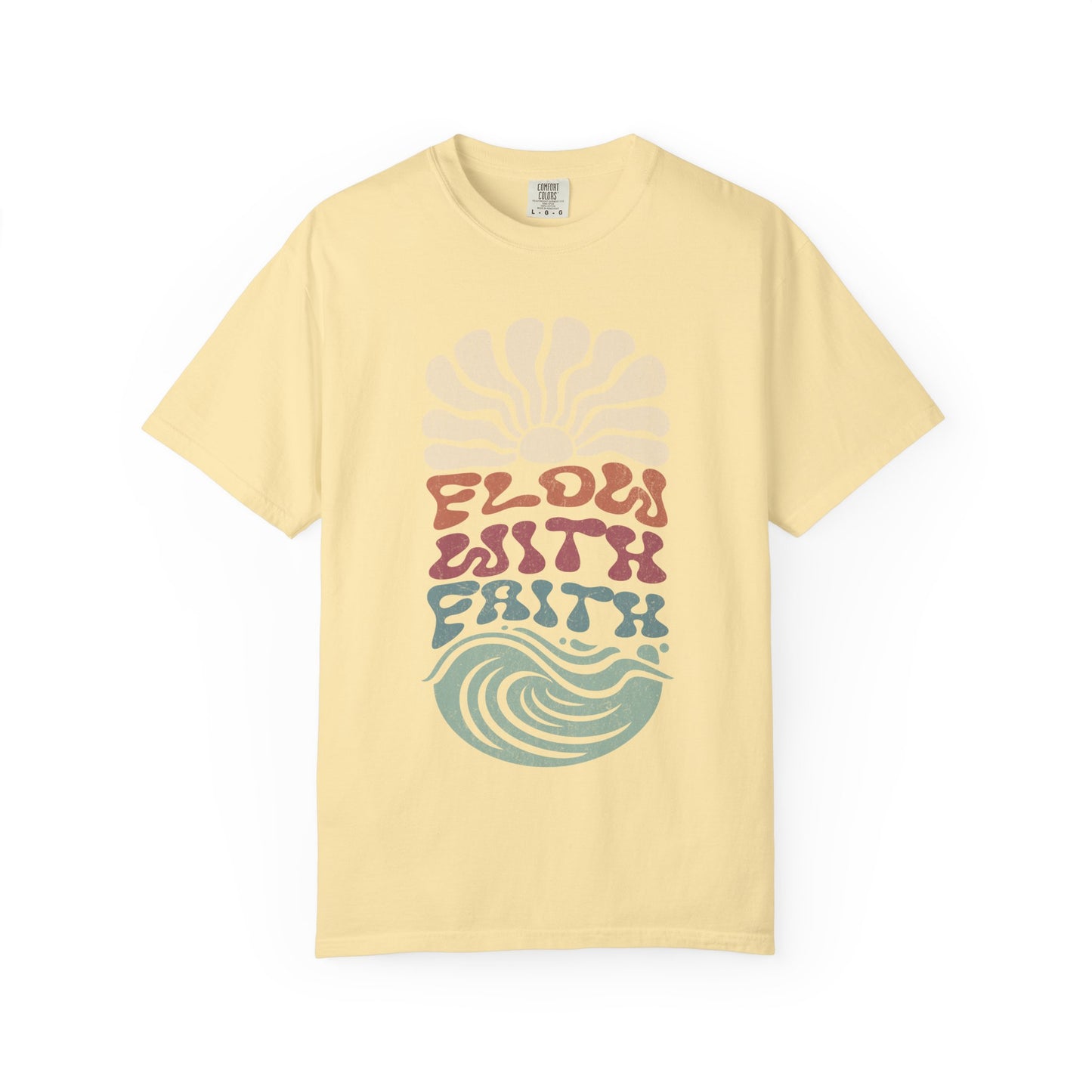 T-shirt with Flow With Faith text in groovy wavy font with retro sunset and wave design