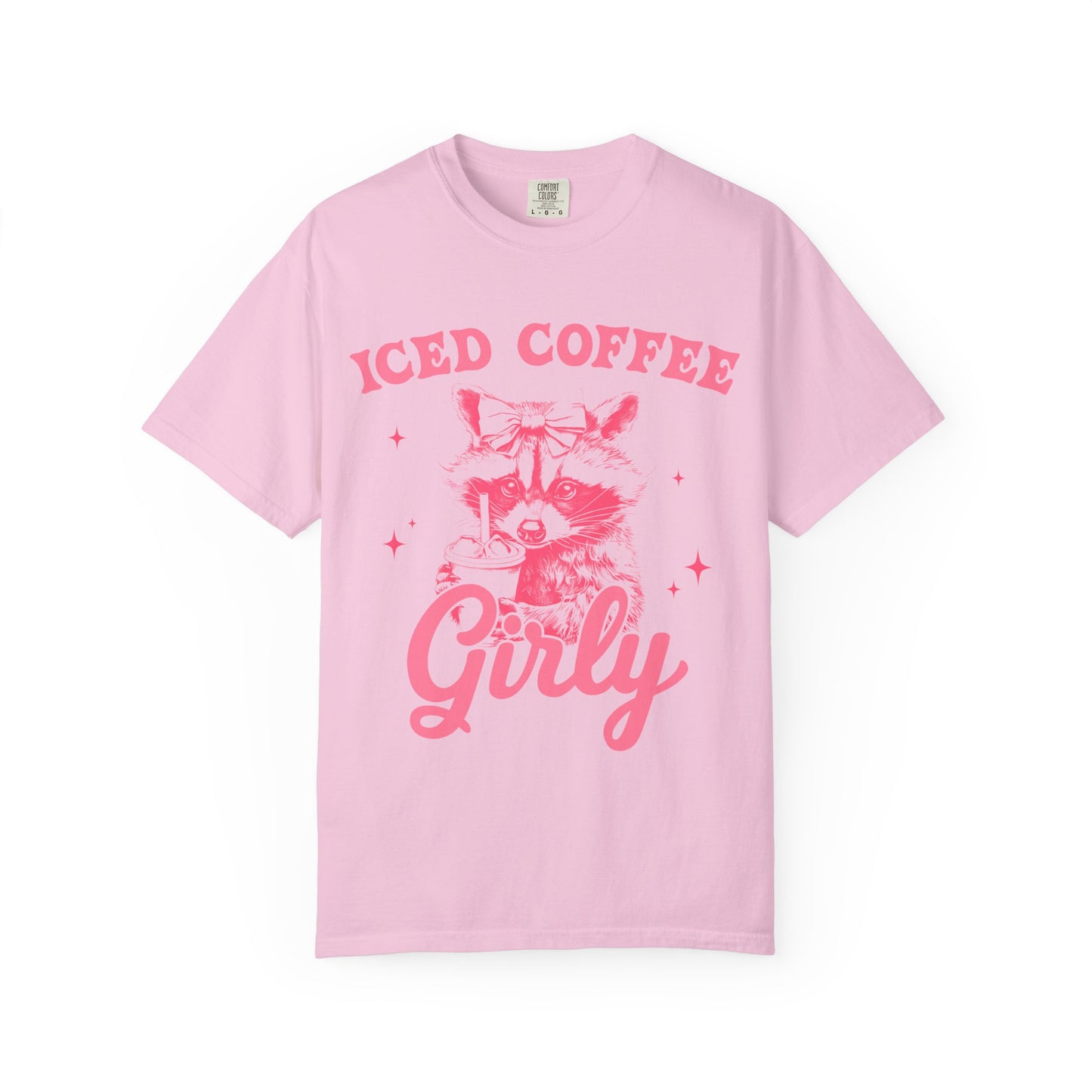 T-shirt with pink raccoon wearing bow holding iced coffee cup with 'Iced Coffee Girl' text and stars