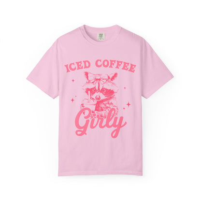 T-shirt with pink raccoon wearing bow holding iced coffee cup with 'Iced Coffee Girl' text and stars