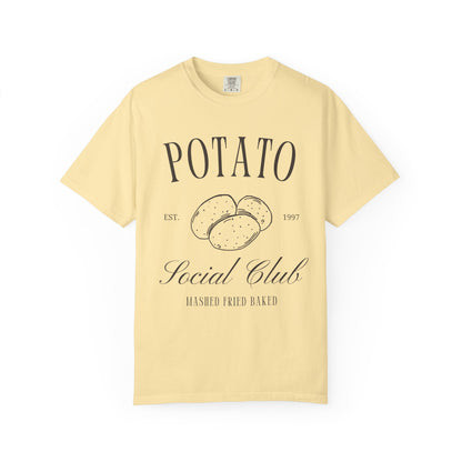 T-shirt with vintage Potato Social Club design featuring hand-drawn potatoes and brown text
