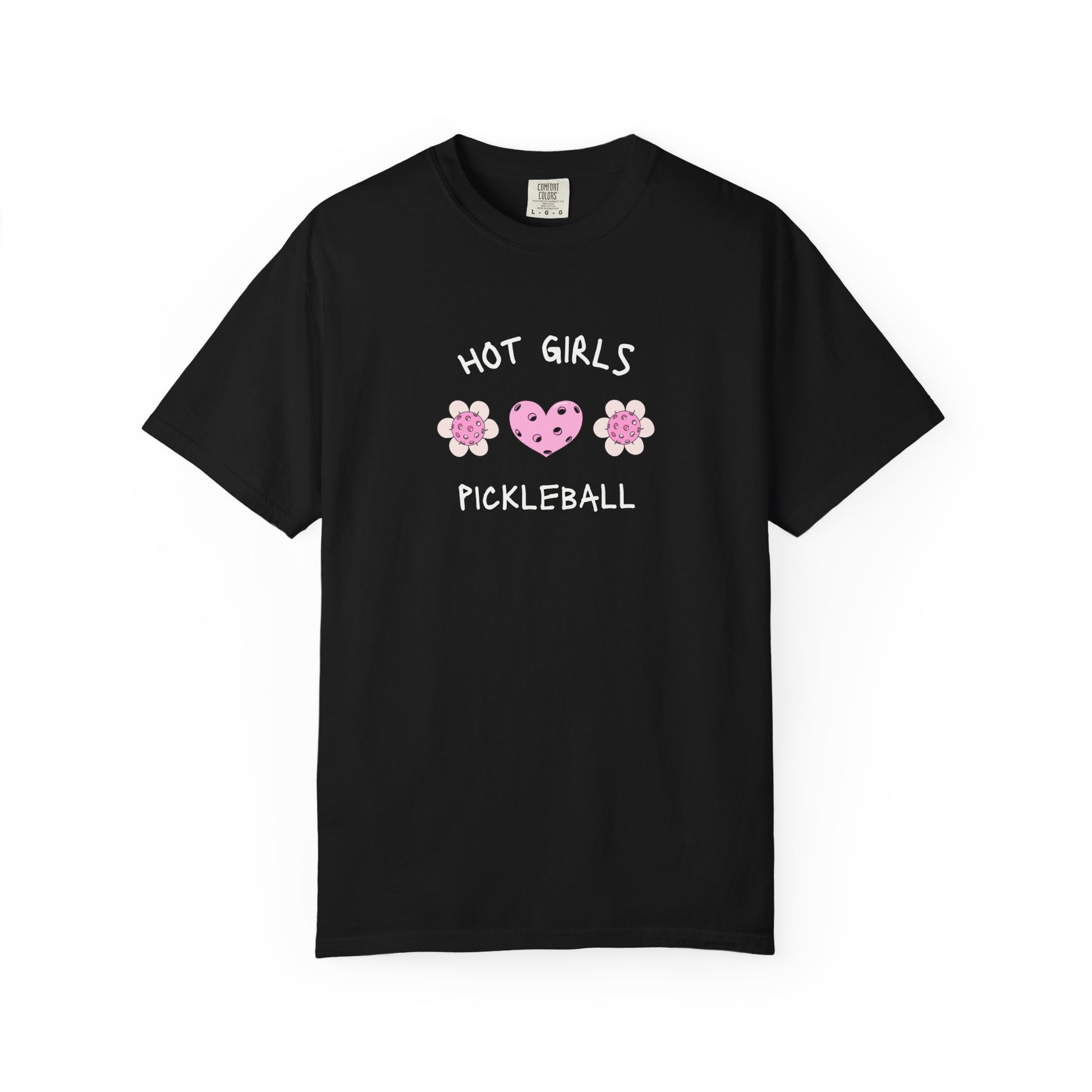 T-shirt with 'Hot Girls Pickleball' text and pink pickleballs designed as flowers and heart