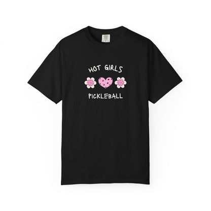 T-shirt with 'Hot Girls Pickleball' text and pink pickleballs designed as flowers and heart