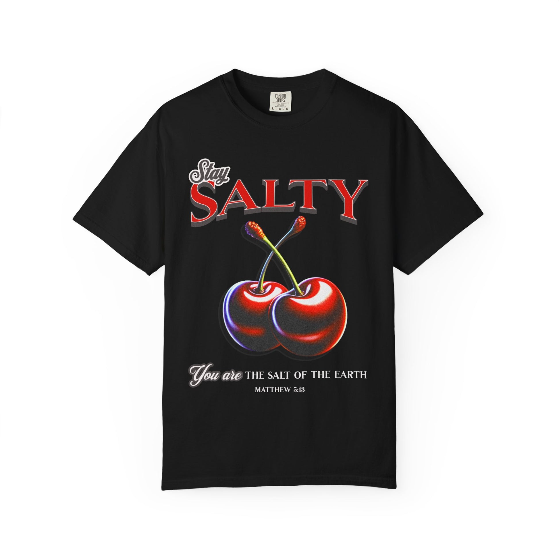 T-shirt with retro Stay Salty text and vintage cherry design featuring Matthew 5:13 scripture