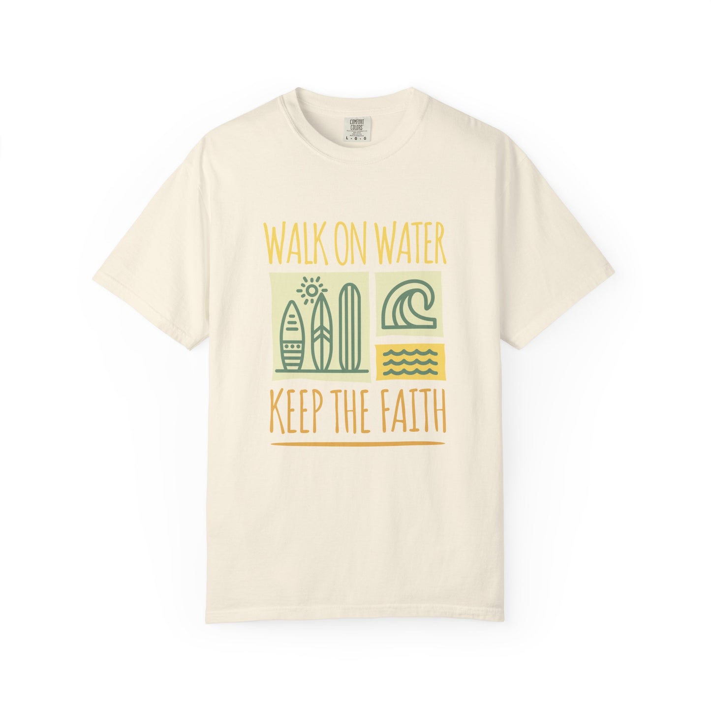 T-shirt with yellow Walk On Water Keep The Faith text, retro surfboard graphics and teal wave designs
