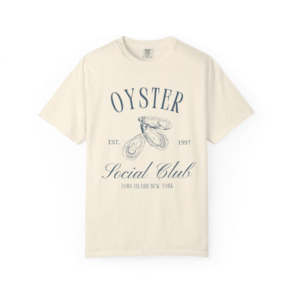 T-shirt with vintage oyster social club design featuring three detailed oyster illustrations