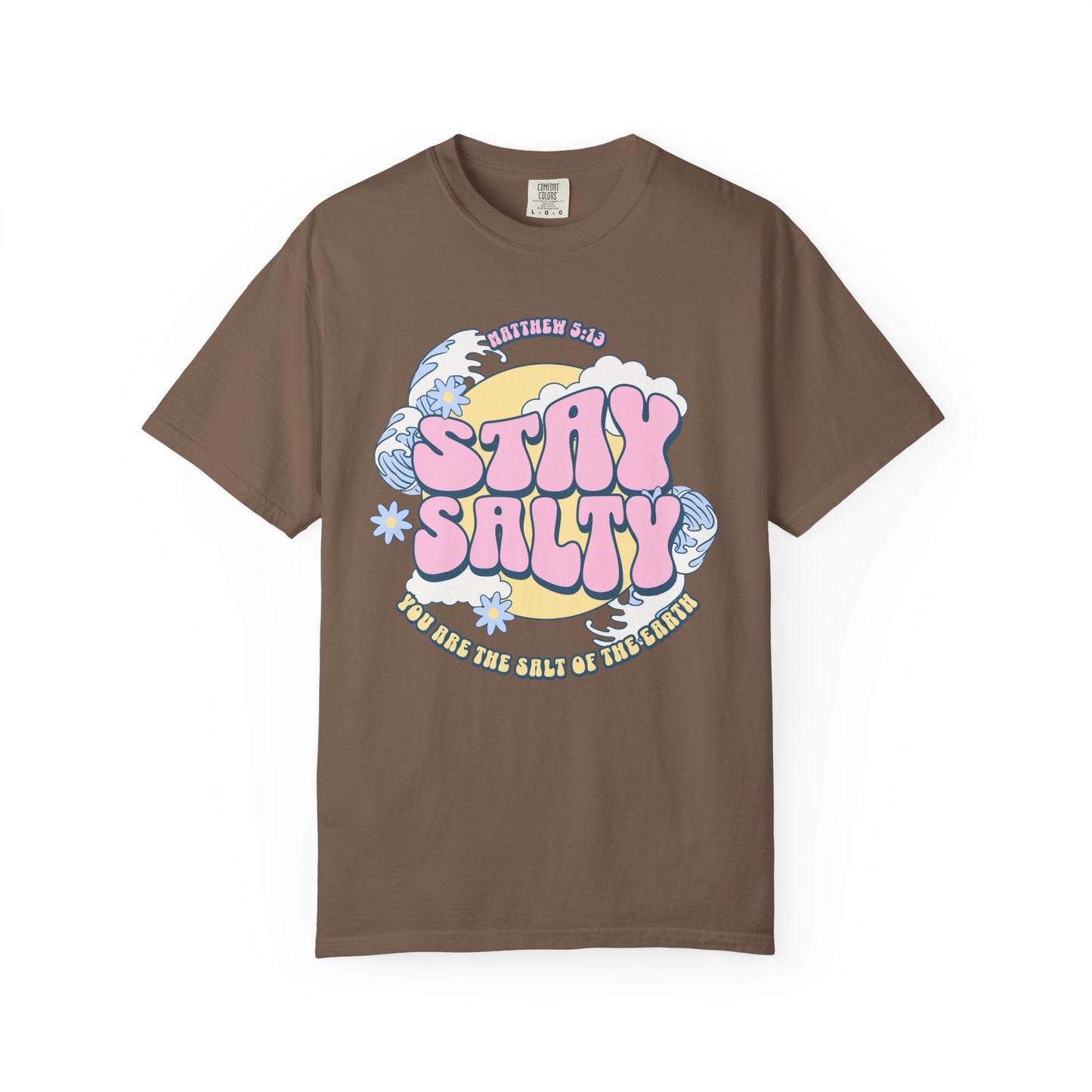 Christian t-shirt with pink 'Stay Salty' text, Matthew 5:13 verse, ocean waves and daisy flowers