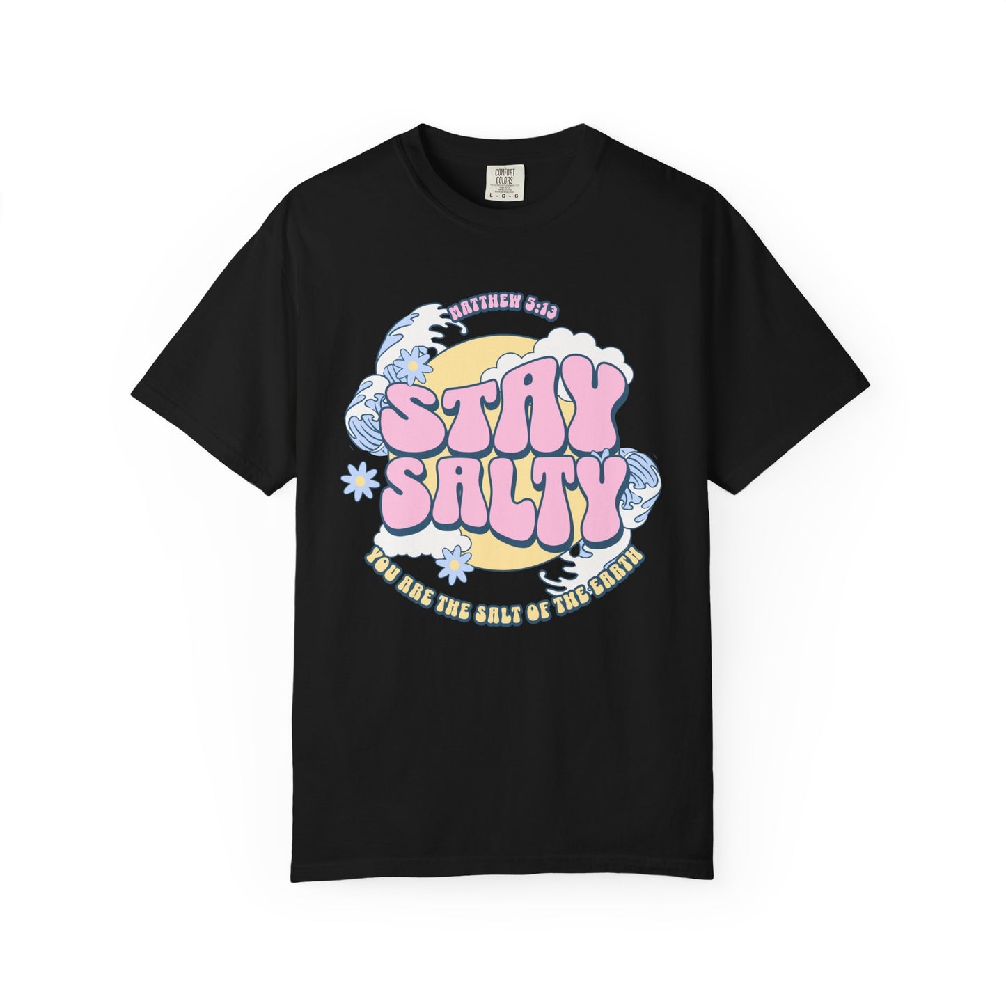 Christian t-shirt with pink 'Stay Salty' text, Matthew 5:13 verse, ocean waves and daisy flowers