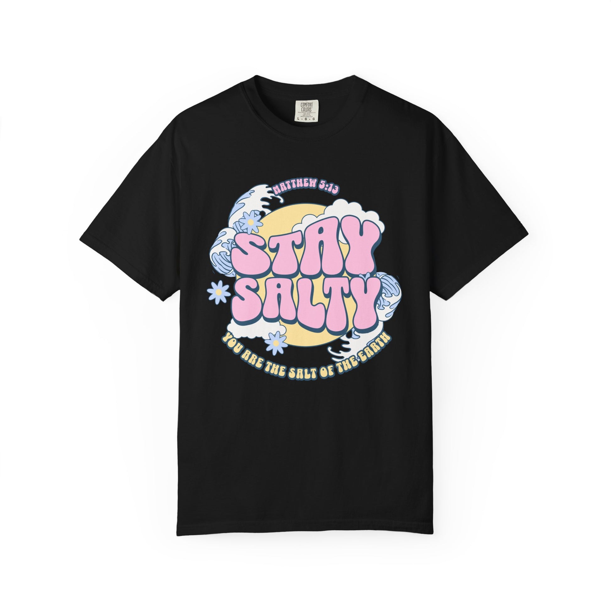 Christian t-shirt with pink 'Stay Salty' text, Matthew 5:13 verse, ocean waves and daisy flowers