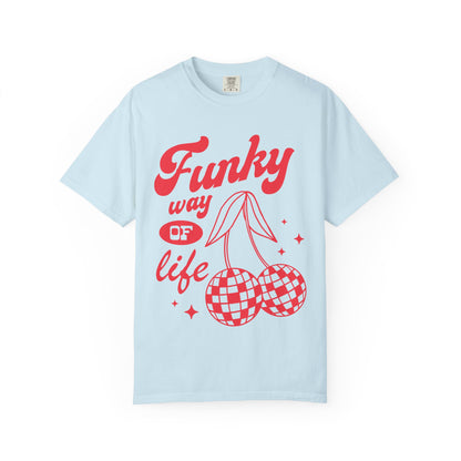 T-shirt with red retro cherry design featuring checkered disco ball cherries and funky typography