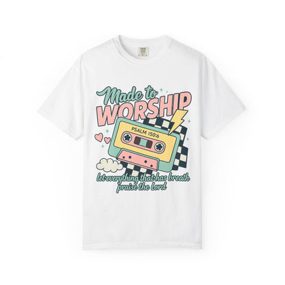 T-shirt with retro cassette tape design featuring 'Made to Worship' text and Psalm 150:6 scripture in pastel colors
