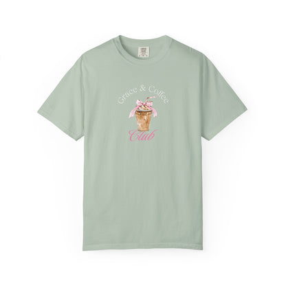 T-shirt with watercolor coffee cup design featuring pink bow and Grace & Coffee Club text