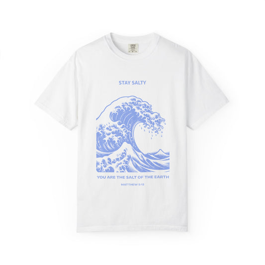T-shirt with ocean wave design featuring Stay Salty text and Matthew 5:13 Bible verse