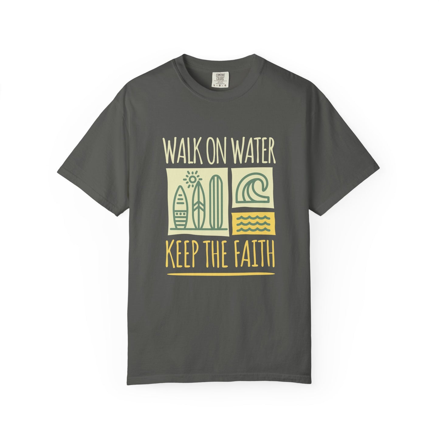T-shirt with yellow Walk On Water Keep The Faith text, retro surfboard graphics and teal wave designs