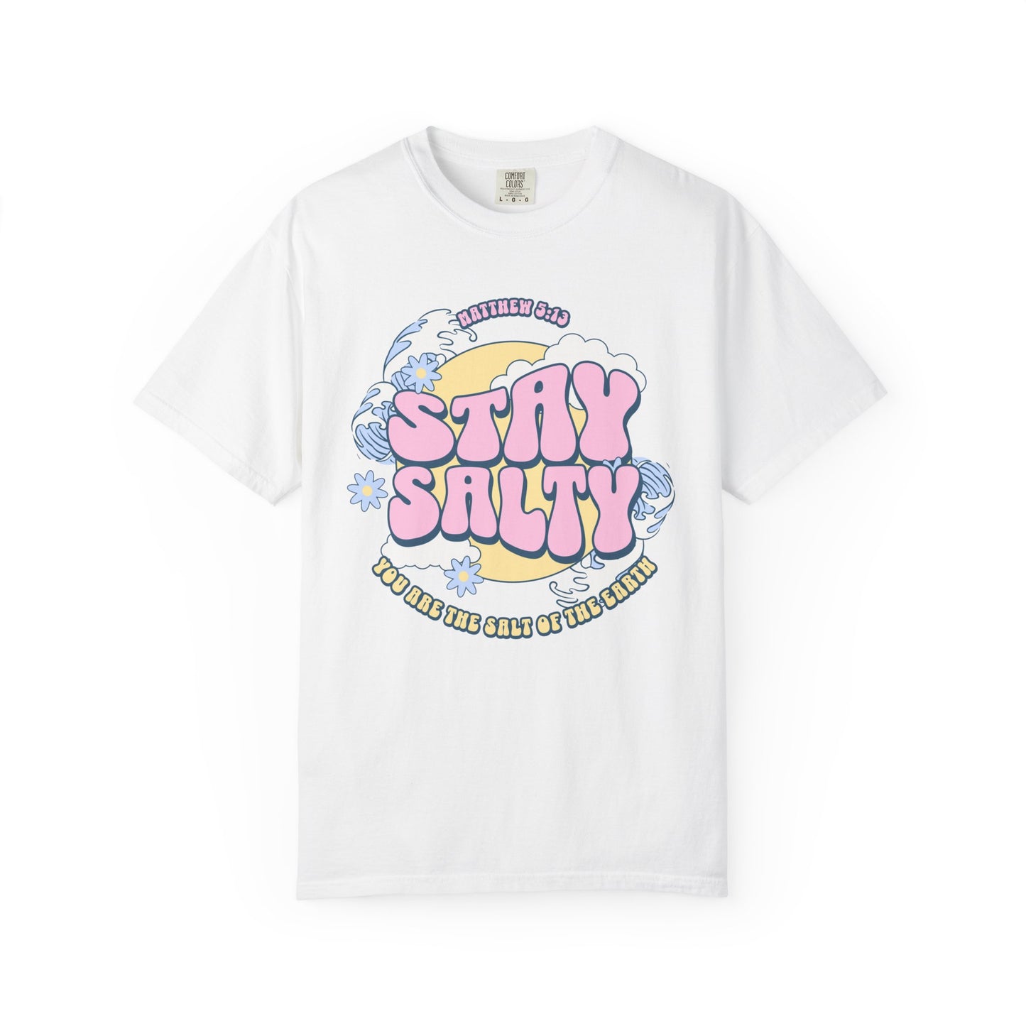 Christian t-shirt with pink 'Stay Salty' text, Matthew 5:13 verse, ocean waves and daisy flowers