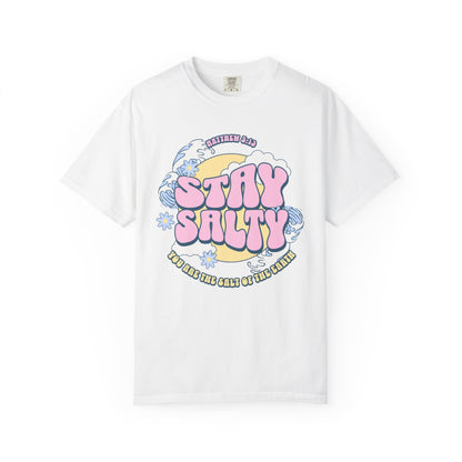 Christian t-shirt with pink 'Stay Salty' text, Matthew 5:13 verse, ocean waves and daisy flowers