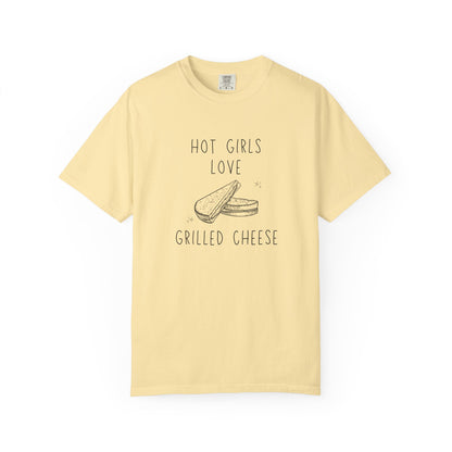 T-shirt with hand-drawn grilled cheese sandwich illustration and text reading Hot Girls Love Grilled Cheese
