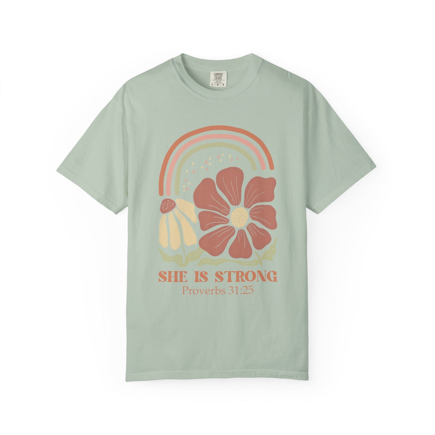 T-shirt with boho rainbow, terracotta and cream flowers, and 'She Is Strong Proverbs 31:25' text