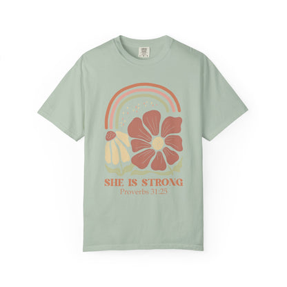 T-shirt with boho rainbow, terracotta and cream flowers, and 'She Is Strong Proverbs 31:25' text
