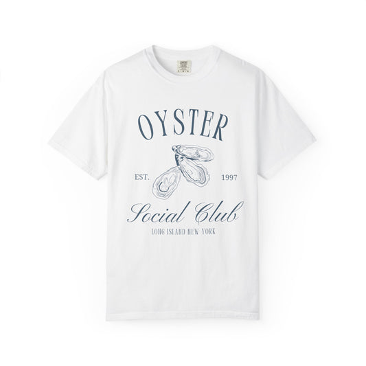T-shirt with vintage oyster social club design featuring three detailed oyster illustrations